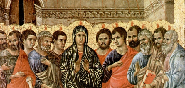 Helligånden kommer til disciplene og sætter sig som ildtunger på deres hoveder. Maleri af Duccio di Buoninsegna, Wikimedia Commons.