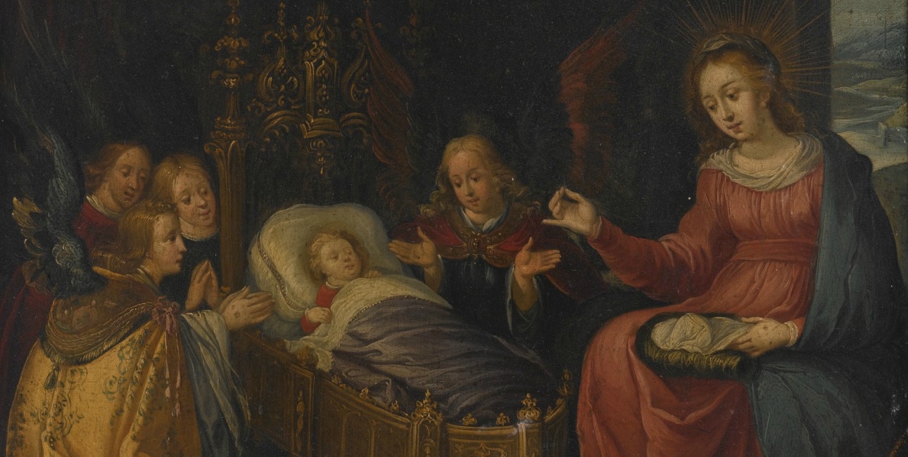 "Madonna and Child with God the Father, the Holy Spitit, and adoring angels" af Pieter Lisaert fra 1600-tallet.