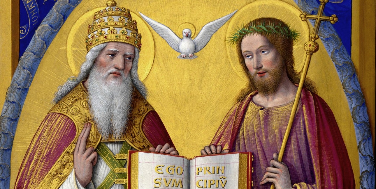 I kristendommen tror man på, at Gud er treenig. Faderen, Sønnen og Helligånden er ikke det samme, men de er samtidig ét. Helligånden afbildes ofte som en due. "The Holy Trinity" fra ca. 1503-1508 af Jean Bourdichon (1457-1521). Foto: Wikimedia commons.