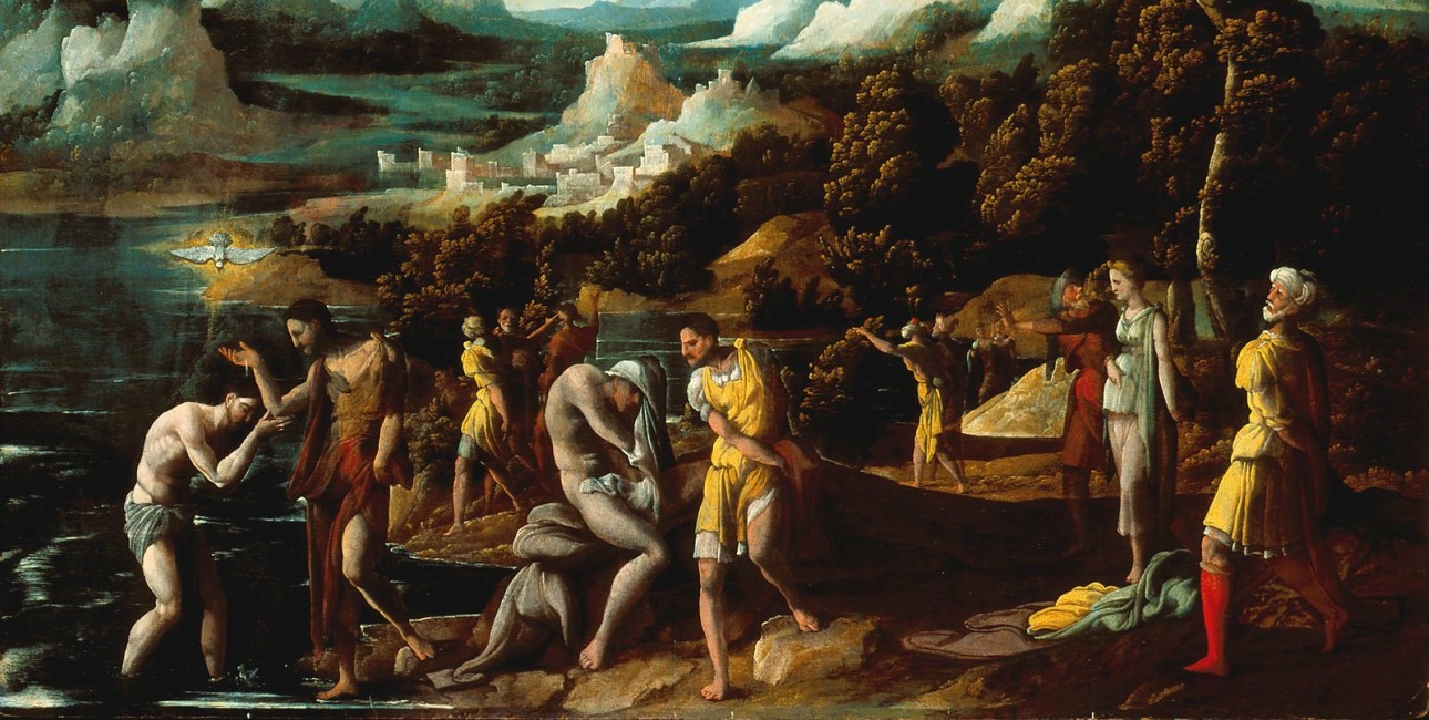 Jesus bliver døbt i Jordanfloden af Johannes Døber. Maleriet er fra ca. 1550 og hedder "The baptism of Christ". Findes på Indianapolis Museum of Art. Foto: Wikimedia commons.