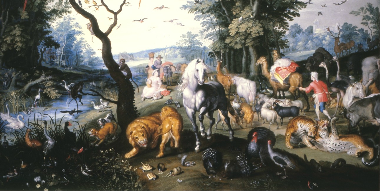 "The animals entering Noah's Ark" af Jan Brueghel, den yngre. Findes på Museum of Lázaro Galdiano, Spanien.