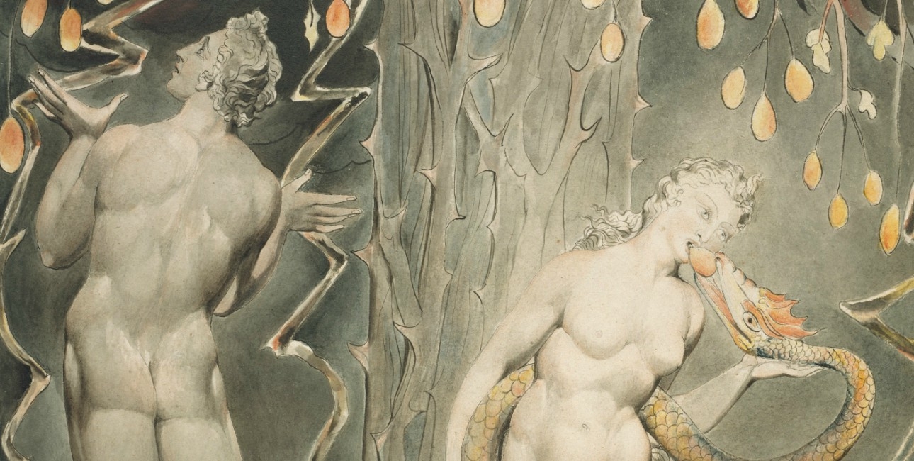 "The Temptation and Fall of Eve" fra 1808 af William Blake.