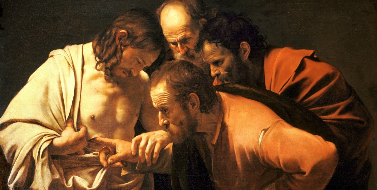 Disciplen Thomas ville mærke Jesus' sår, inden han troede på, at Kristus faktisk var genopstået. Maleriet er kaldet "Sankt Thomas' Tvivl" og malet af Michelangelo di Caravaggio i ca. 1601-1602. Foto: Wikimedia Commons.