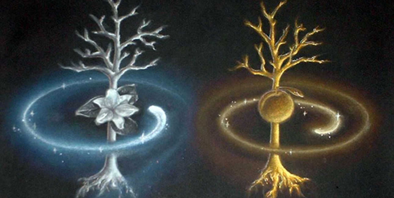 I Edens Have står to træer, Kundskabens Træ og Livets Træ. I Tolkiens mytologi findes også et par træer i Valinor, det paradisiske land, hvor de guddommelige væsener holder til: Solens Træ og Månens Træ. Illustration: Julia Pelzner.
