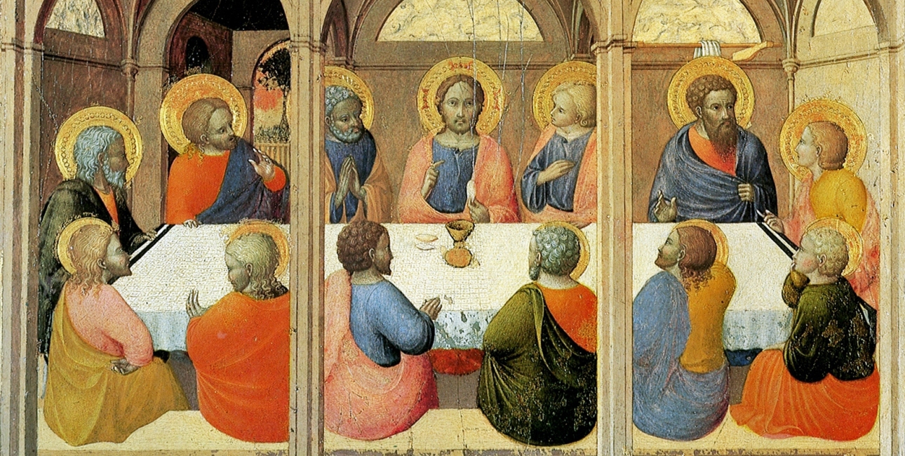 Skærtorsdag, aftenen før Jesus bliver henrettet, spiser han påskemåltidet sammen med disciplene. Dette sidste måltid for Jesus bliver i den kristne kirke det vigtigste måltid: Nadveren. Maleriet er 