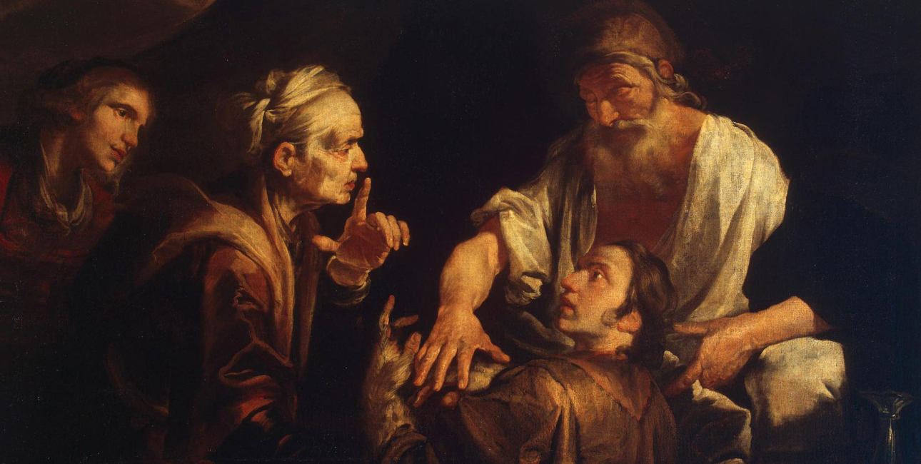 Med hjælp fra sin mor snyder Jakob sin gamle far Isak, så det er Jakob, der får sin fars velsignelse og førstefødselsretten - og ikke Esau, som det burde være. Maleri af Gioachino Assereto.