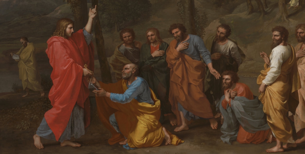 Jesus overdrager i Matthæusevangeliet de to nøgler til Himmeriget til Peter. Maleri af Nicolas Poussin. Foto: Wikimedia Commons