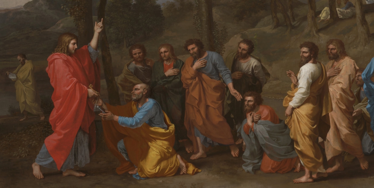 Jesus Kristus giver nøglerne til Peter. Maleri af Nicolas Poussin.