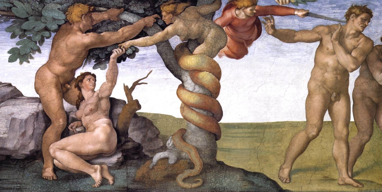 Michelangelo har malet Adam og Eva der spiser den forbudne frugt og fordrives fra Paradis. Hvordan mon det føles at blive fordrevet fra sit hjem?
