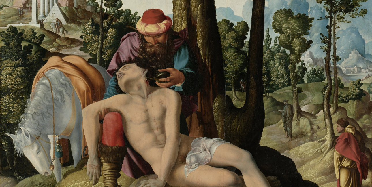Den barmhjertige samaritaner. Meester van de Barmhartige Samaritaan fra 1537. Wikimedia Commons.