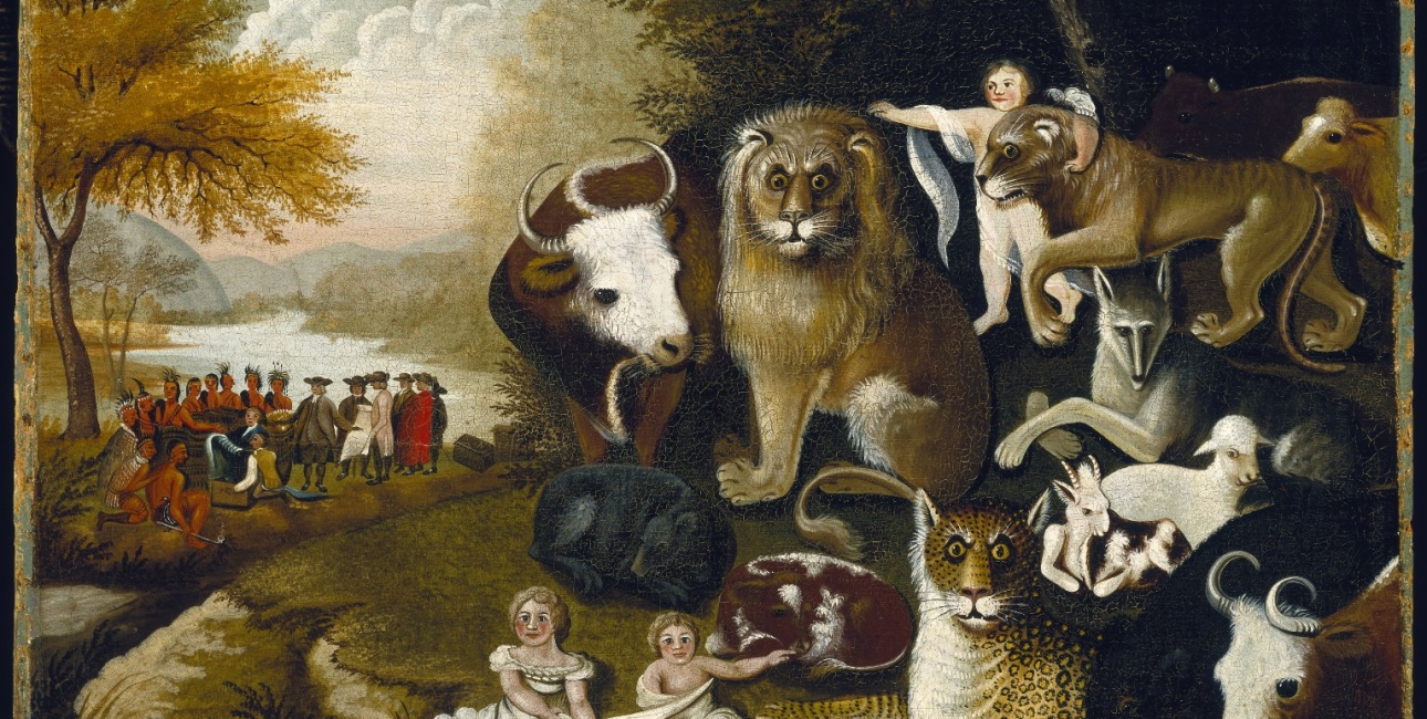 Udsnit af Edward Hicks "The Peaceable Kingdom" fra cirka 1833. Kilde: Wikimedia Commons.