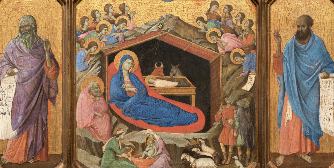 Jesus' fødsel flankeret af profeterne Esajas og Ezekiel. Maleri af Duccio di Buoninsegna ca. 1311. Kilde: Wikimedia Commons.