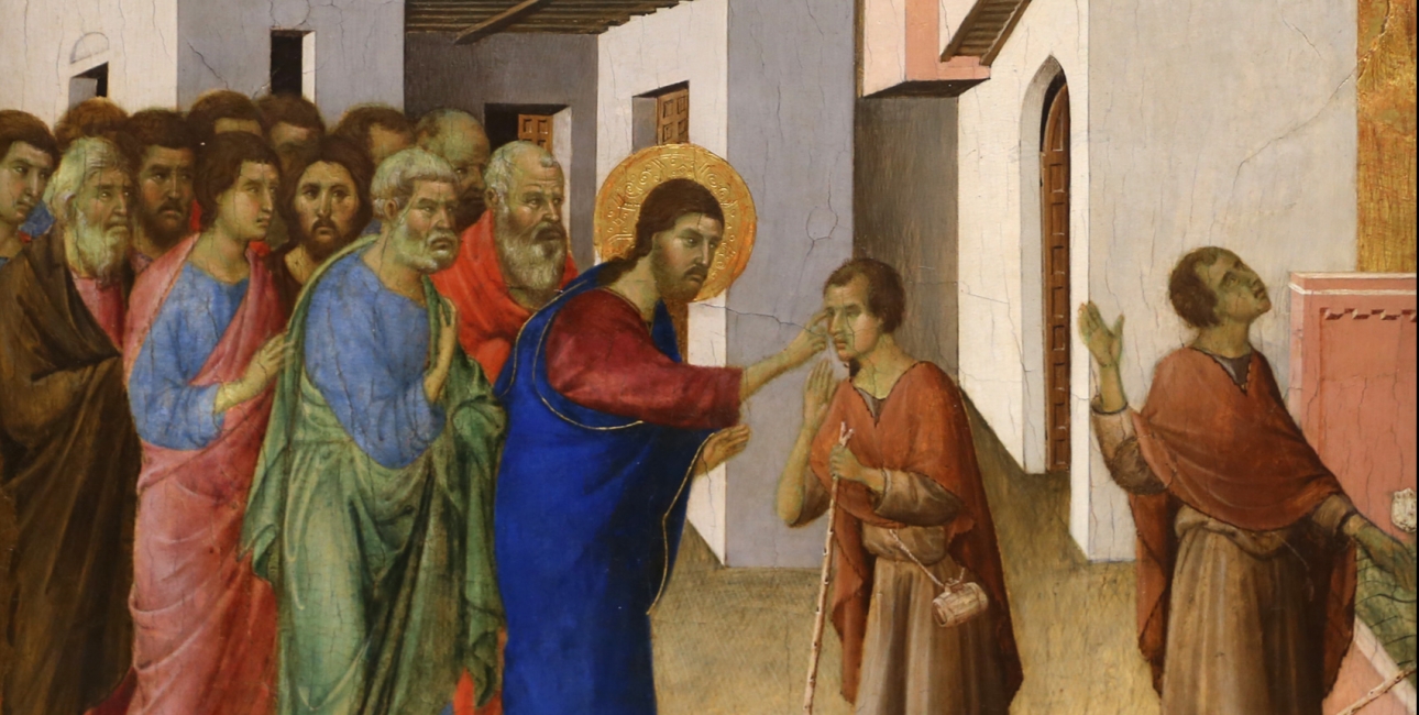 Jesus helbreder en blind. Maleri af Duccio di Buoninsegna.