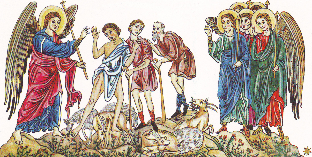 Hyrderne og englene på marken. Illustration fra det middelalderlige manuskript Hortus Deliciarum, ca. 1185. Kilde: Wikimedia Commons.