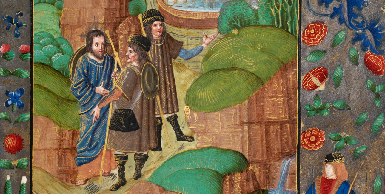 Vejen til Emmaus. Illustration fra manuskriptet Vaux Passional, ca. 1500, National Library of Wales. Kilde: Wikimedia Commons.