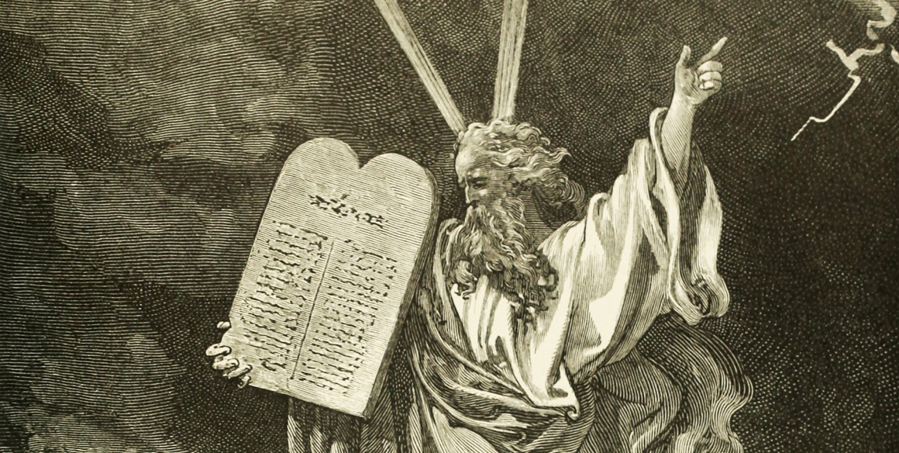 Moses med de ti bud. Illustration af William A. Foster fra The Bible Panorama.