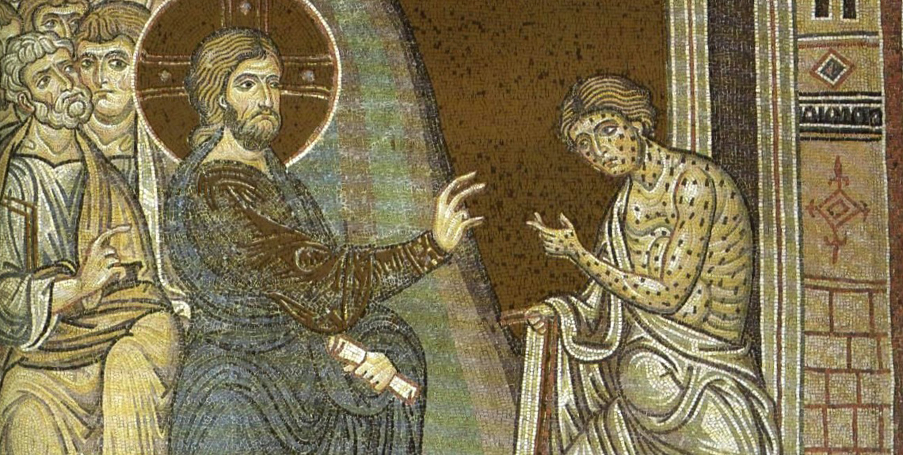 Jesus helbreder den spedalske. Mosaik fra domkirken i Monreale. Kilde: Wikimedia Commons.