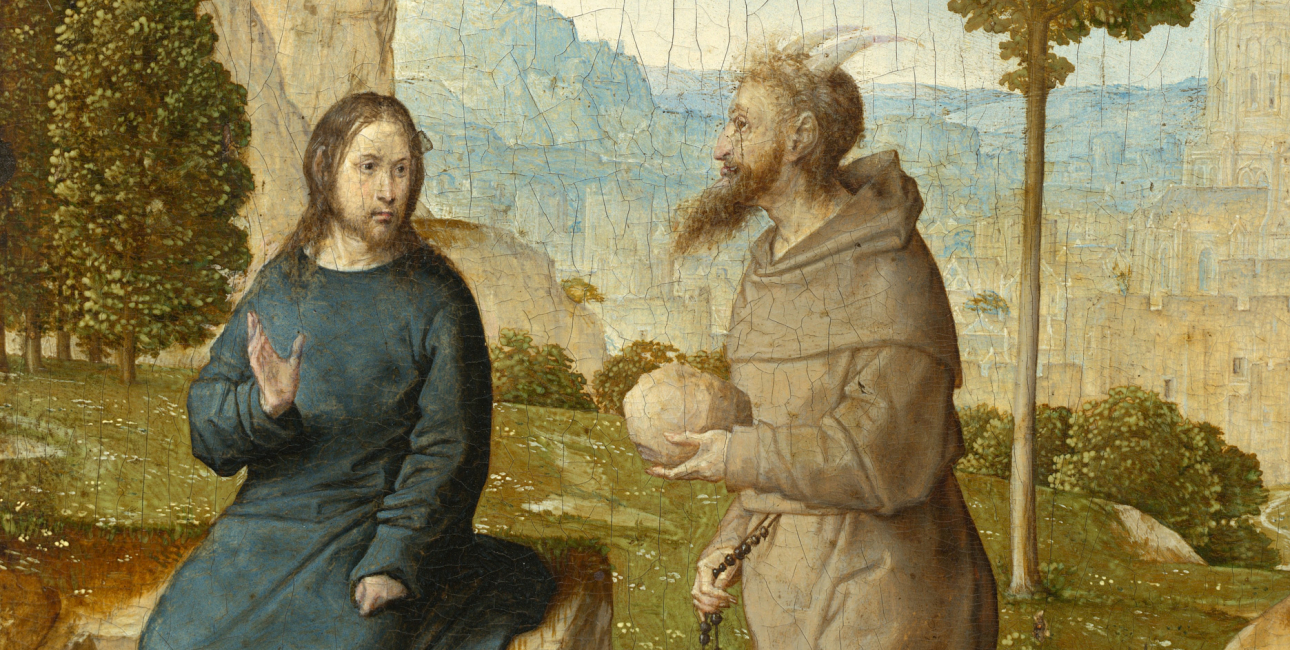 Djævelen frister Jesus: "Hvis du er Guds søn, så sig, at stenene her skal blive til brød." Maleri af Juan de Flandes, ca. 1500.