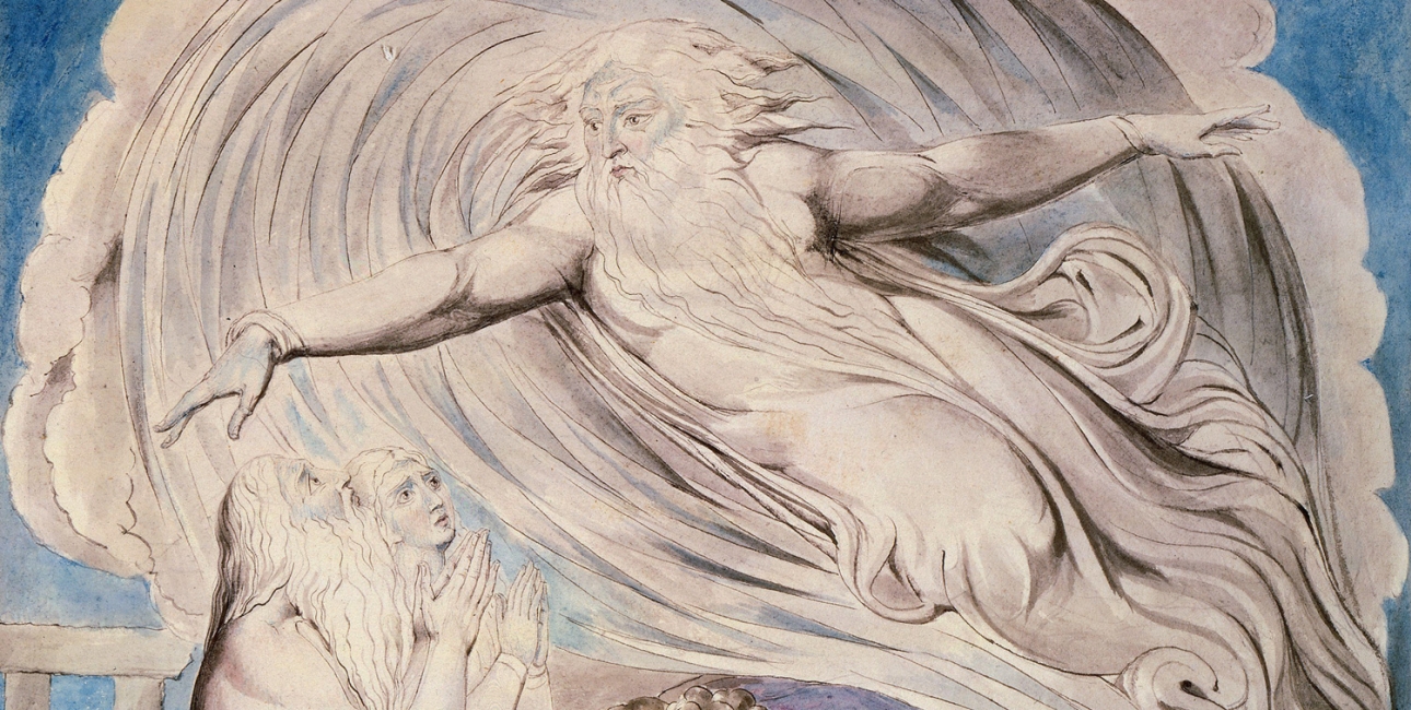 Gud taler til Job inde fra stormen. Illustration af William Blake, ca. 1803. Kilde: Wikimedia Commons.