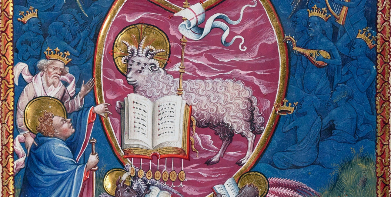 Lammets bog. Illustration fra Apocalypse Flamande, ca. 1400-1410. Kilde: Wikimedia Commons.