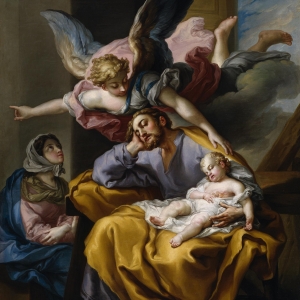 I en drøm siger englen til Josef, at han ikke skal være bange for at tage Maria til sig som sin hustru. Billede: "El sueño de San José" - Josefs Drøm, malet af Vicente López Portaña. Kilde: Wikimedia Commons.