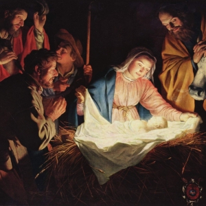 I sin kærlighed til mennesker gav Gud sin egen søn. Til stald og krybbe, kors og død. Billede: Maleri af Gerard von Honthorst. Kilde: Wikimedia Commons.