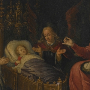 "Madonna and Child with God the Father, the Holy Spitit, and adoring angels" af Pieter Lisaert fra 1600-tallet.