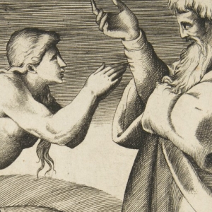 "The creation of Eve who emerges from behind Adam" fra ca. 1530-1570 af Giulio Bonasone. Findes på The Metropolitan Museum of Art.