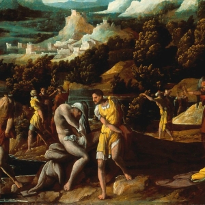 Jesus bliver døbt i Jordanfloden af Johannes Døber. Maleriet er fra ca. 1550 og hedder "The baptism of Christ". Findes på Indianapolis Museum of Art. Foto: Wikimedia commons.