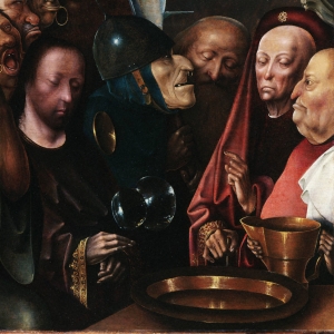 Pontius Pilatus taler med Jesus, og vasker sine hænder. Maleri af Hieronymus Bosch.
