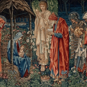 De helligtrekonger bringer gaver til Jesusbarnet. Gobelin af Edward Burne-Jones.