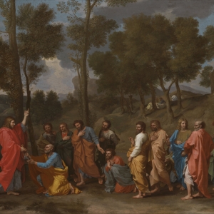 Jesus overdrager i Matthæusevangeliet de to nøgler til Himmeriget til Peter. Maleri af Nicolas Poussin. Foto: Wikimedia Commons