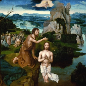 Johannes døber Jesus i Jordanfloden. Maleri af Joachim Patinir.