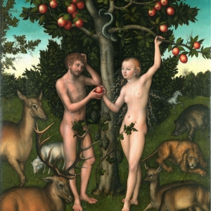 Adam og Eva lever i Paradisets Have indtil de forbryder sig mod Guds vilje. Maleri af Lucas Cranach den ældre.