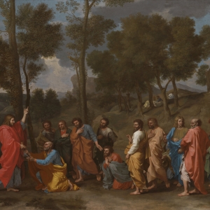 Jesus Kristus giver nøglerne til Peter. Maleri af Nicolas Poussin.