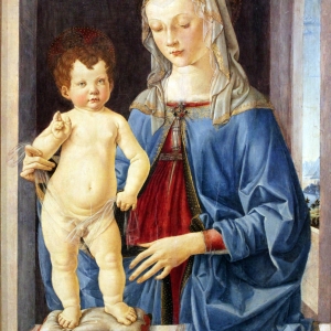 Maria og Jesusbarnet. Maleri af Verrocchio.