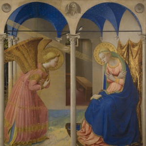 Englen Gabriel fortæller Maria, at hun skal føde Guds søn. Fresco af Fra Angelico, ca. 1435. Kilde: Wikimedia Commons.