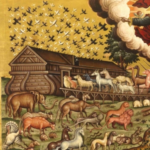 På Guds befaling bygger Noa sin enorme ark. Maleri af Theodore Poulakis.