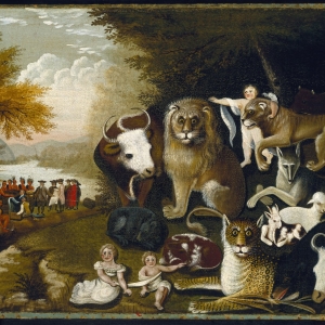 Udsnit af Edward Hicks "The Peaceable Kingdom" fra cirka 1833. Kilde: Wikimedia Commons.