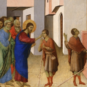 Jesus helbreder en blind. Maleri af Duccio di Buoninsegna.