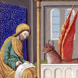 Evangelisten Lukas Illustration fra Livre d'heures de Charles VIII. Kilde: Wikimedia Commons.