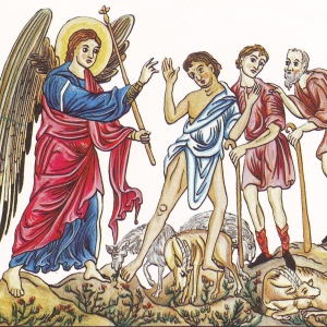 Hyrderne og englene på marken. Illustration fra det middelalderlige manuskript Hortus Deliciarum, ca. 1185. Kilde: Wikimedia Commons.