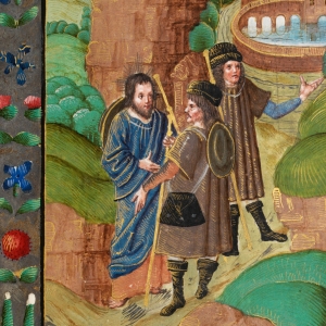 Vejen til Emmaus. Illustration fra manuskriptet Vaux Passional, ca. 1500, National Library of Wales. Kilde: Wikimedia Commons.