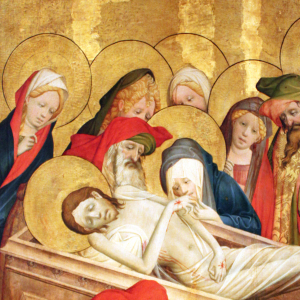 Jesus lægges i graven. Illustration af Meister Francke. Kilde: Wikimedia Commons.