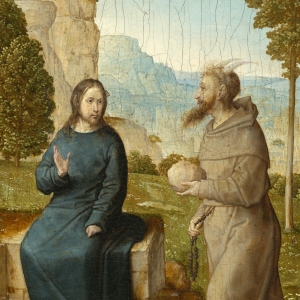 Djævelen frister Jesus: "Hvis du er Guds søn, så sig, at stenene her skal blive til brød." Maleri af Juan de Flandes, ca. 1500.