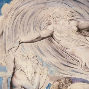 Gud taler til Job inde fra stormen. Illustration af William Blake, ca. 1803. Kilde: Wikimedia Commons.