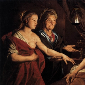 Sara leder Hagar til Abraham. Maleri af Matthias Stom, ca. 1637. Kilde: Wikimedia Commons.