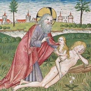 Evas skabelse. Illustration fra Codex Palatinus germanicus 16 (1477). Kilde: Wikimedia Commons.