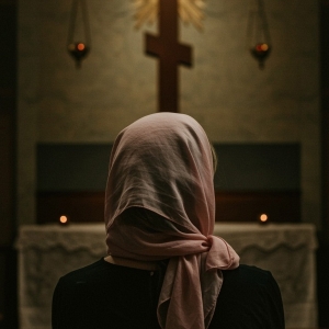 Kvinde med tørklæde i kirke. Illustration: Shutterstock.