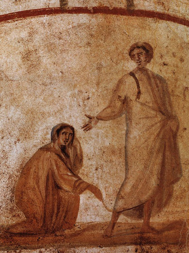 Helbredelsen af kvinden med blødninger. Vægmaleri fra Marcellinus og Petrus katakomben i Rom, ca. 300-tallet. Kilde: Wikimedia Commons.